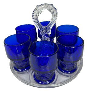 VTG 50’s Cobalt Blue Georgian Hexagon Paneled Shape Tumbler Lowball - 6 w/tray
